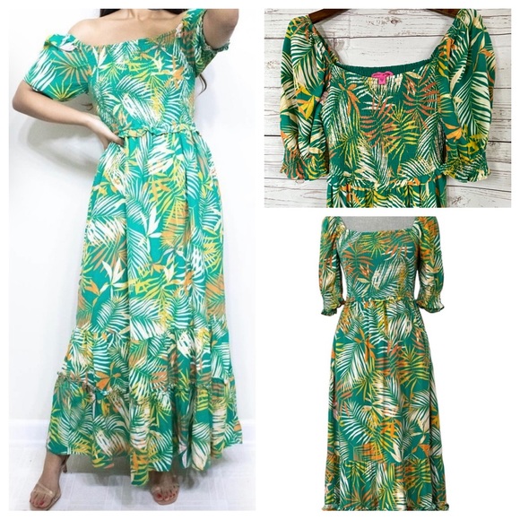 Betsey Johnson Dresses & Skirts - Betsey Johnson Green Summer Soft Dress Green w/ multi colored Palm Print EUC
